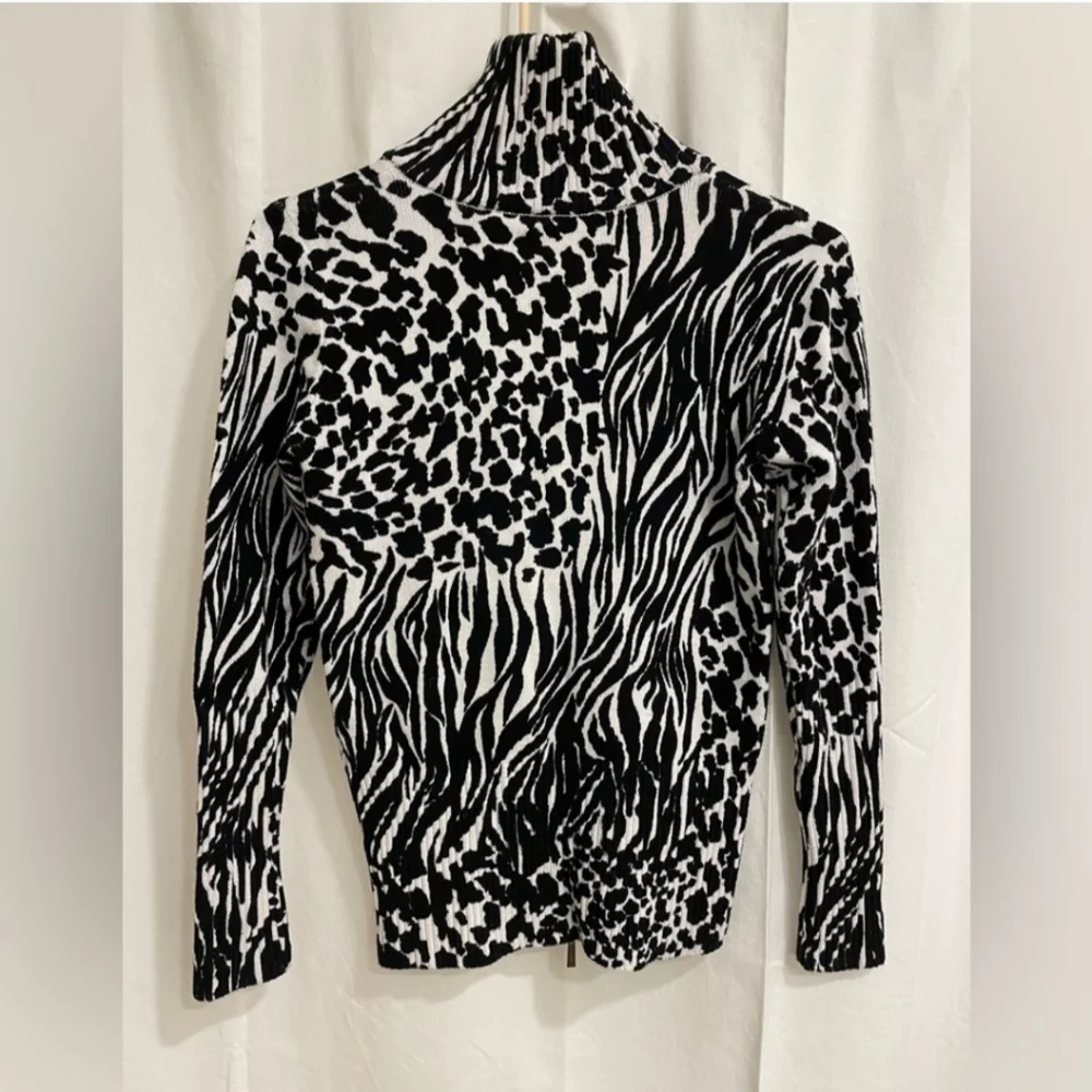 BOSTON PROPER ZIP FRONT ZEBRA BLOCK PRINT SWEATER SIZE 0 BLACK & BONE  ☆ - Picture 4 of 13